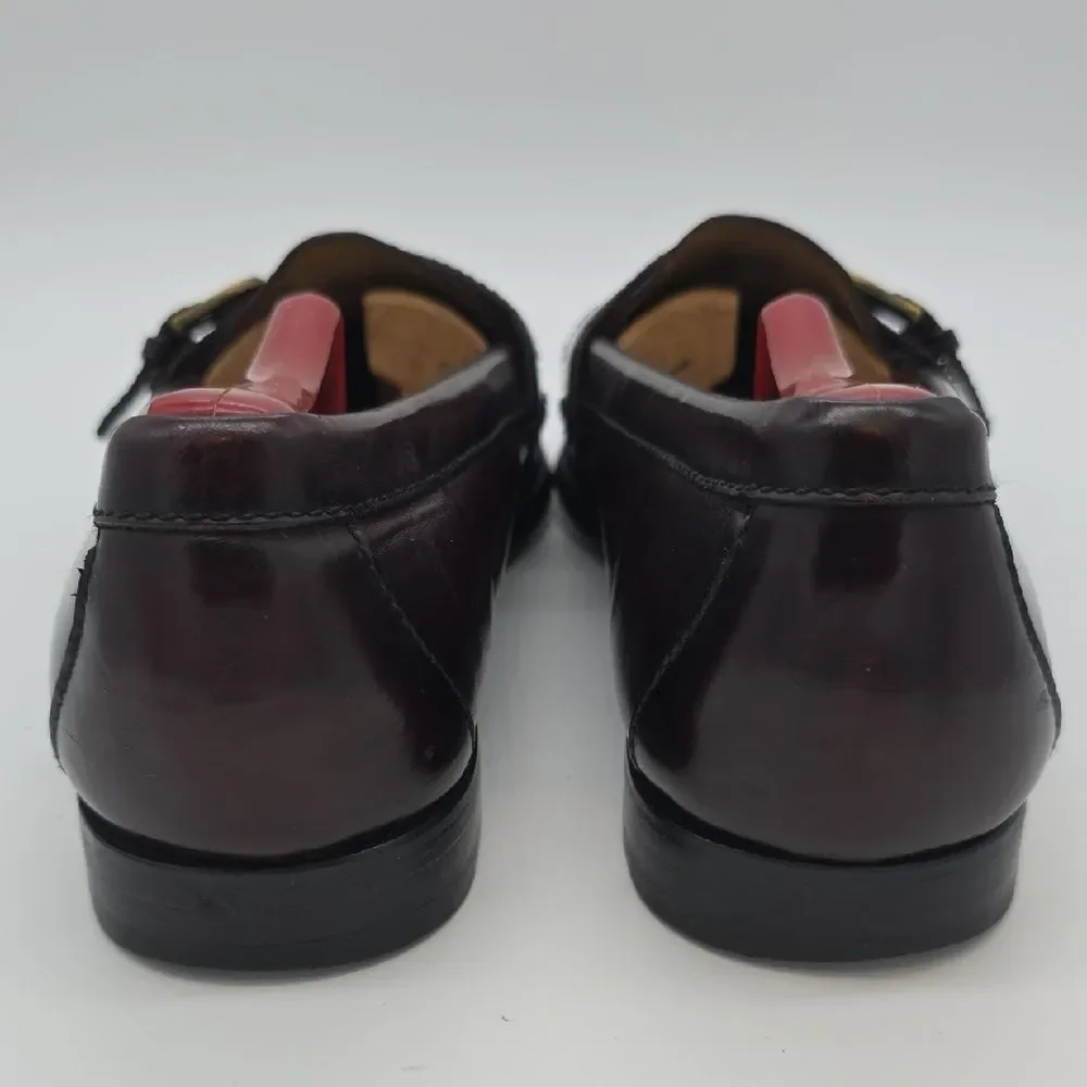 Cole Haan Burgundy Leather Kiltie Loafers with Gold Buckle Accent